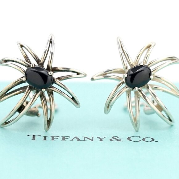 TIFFANY&Co Fireworks Onyx Earrings Sterling Silver 925 Clips w/BOX v1807